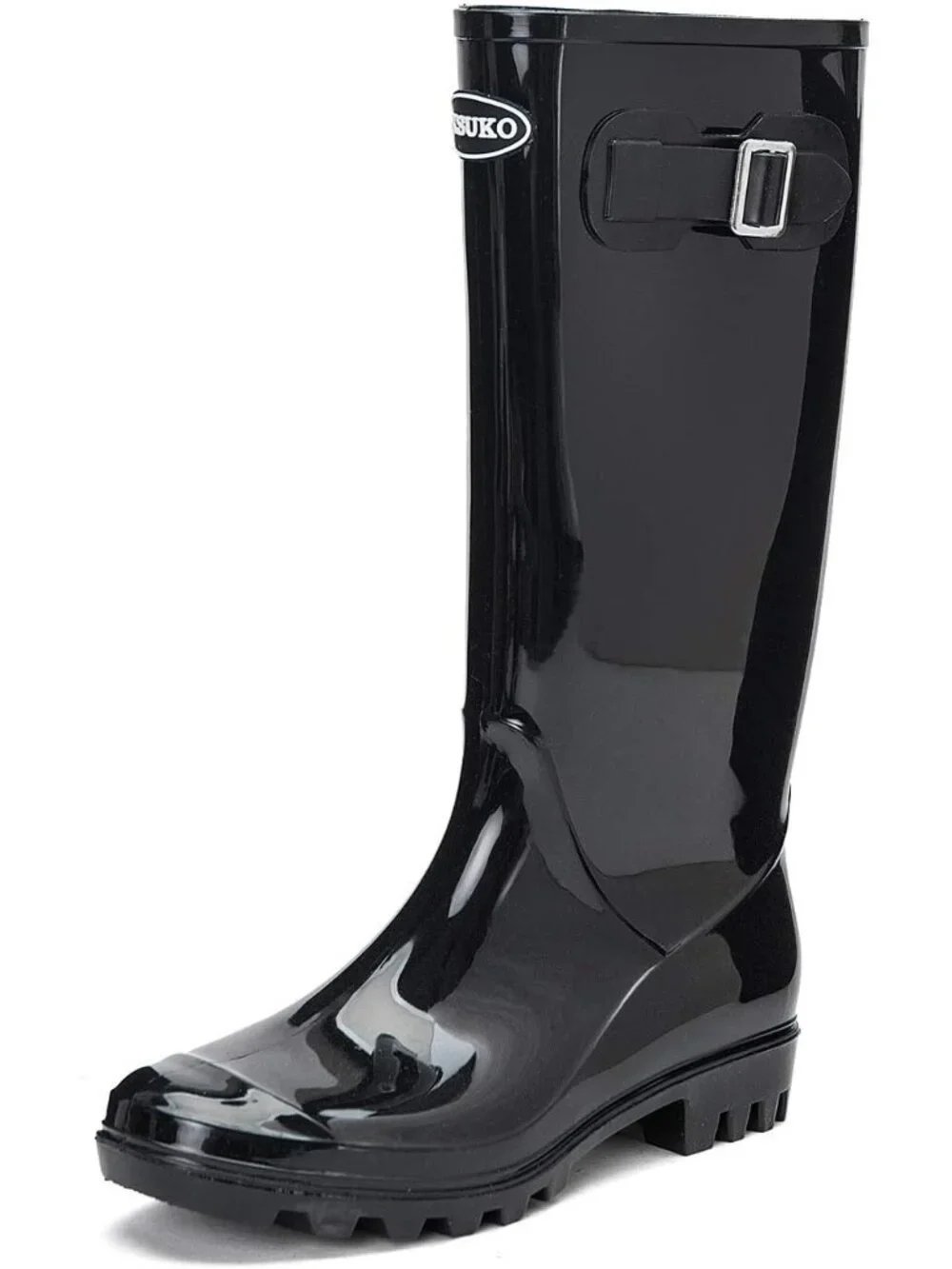 Women's Bright Black Tall Waterproof Rain Boots Rubber Wide Calf Garden Boots